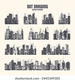Stippled city silhouettes. Cityscape, town skyline. Midtown, downtown with buildings, houses and skyscrapers. Stippling, dot drawing and shading, stipple pattern, halftone effect. Vector illustration