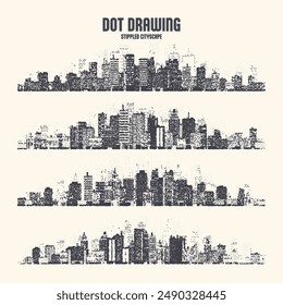 Stippled city silhouettes. Cityscape, town skyline. Midtown, downtown with buildings, houses and skyscrapers. Stippling, dot drawing and shading, stipple pattern, halftone effect. Vector illustration