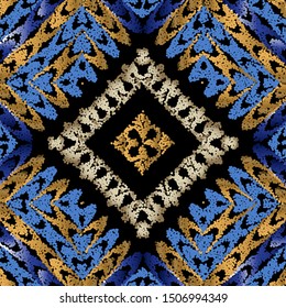 Stippled colorful abstract vector seamless pattern. Dotted ornamental textured background. Tribal ethnic style blue backdrop. Modern geometric ornament with stipples, dots, rhombus, frames, shapes.