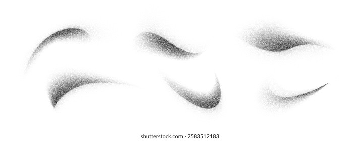 Stippled curved brush stroke collection. Wavy grainy spray element set. Black flowing sand splash pack. Dotted noise gradient shade bundle. Splattered dust particle texture waves. Vector