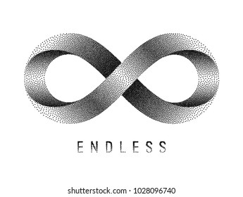 Stippled Endless sign. Mobius strip symbol. Vector textured illustration on white background.