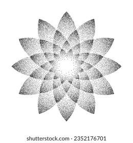 Stippled flower background. Dotted ornament mandala. Noise grain star shape. Abstract black floral petals decoration. Dotwork radial pattern design for tattoo, poster, clothes, badge, sticker. Vector