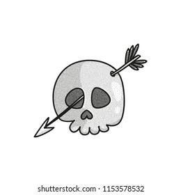 Stippled funny skull with arrow in th head. Dotted tattoo design. Halftone vector illustration. Love to death concept