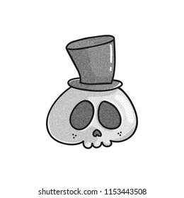 Stippled funny skull with cylinder hat. Dotted tattoo design. Halftone vector illustration. Mexican day of death symbol