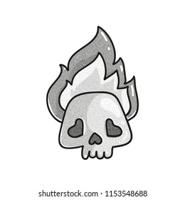 Stippled funny skull with flame. Dotted tattoo design. Halftone vector illustration.  Hell character