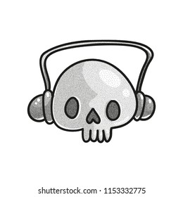 Stippled funny skull with headphones. Dotted tattoo design. Halftone vector illustration. Music love concept. Funny character