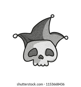Stippled funny skull with jester hat. Dotted tattoo design. Halftone vector illustration. 