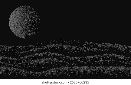 Textura de fundo de grão pontilhado de montanha e ponto de lua. Vetor paisagem ilustração para impressão, decoração interior, arte de parede, impressão de tela.