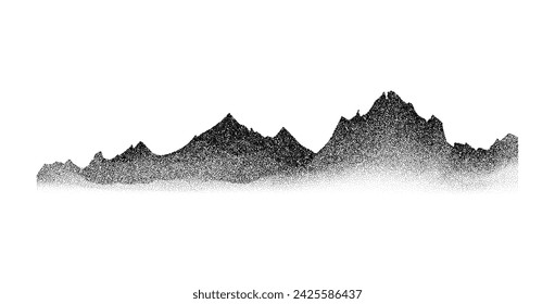 Stippled grain mountain range. Dotted terrain landscape silhouette. Black grainy hill chain. Grunge noise mountain peaks illustration. Dot work texture wallpaper. Vector scenery ridge background