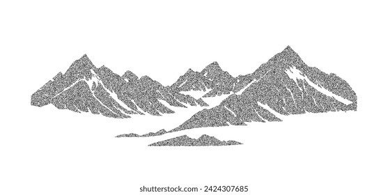 Ilustración de la cordillera de grano punteado. Silueta de terreno de paisaje punteado. Cadena negra blanca granulada en la colina. Fondo de pico de montaje de ruido grunge. Fondo de pantalla de textura puntillismo. Vector de estilo de trabajo de punto