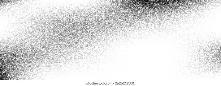 Stippled grain texture background. Black dotted noisy gradient wallpaper. Rough grungy sand dot backdrop. Vector gritty distressed speckle and grit particle overlay for poster, flyer, banner