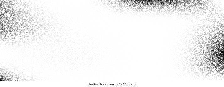 Stippled grain texture background. Black sprayed dots gradient wallpaper. Rough noisy sand dotted backdrop. Vector gritty distressed speckle and grit particle overlay for poster, flyer, banner