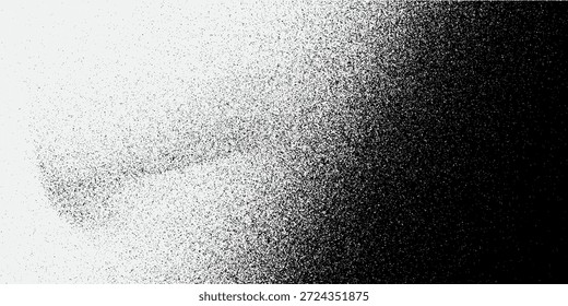 Fundo de textura de grão pontilhado. Papel de parede preto pontilhado gradiente barulhento. Fundo áspero de pontos de areia grungy. Vetor arenoso angustiado manchas e camada de partículas de grão para cartaz, folheto, banner