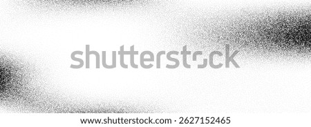 Stippled grain texture background. Black sprayed dots gradient wallpaper. Rough noisy sand dotted backdrop. Vector grit rubbed distressed speckle and grit particle overlay for poster, flyer, banner