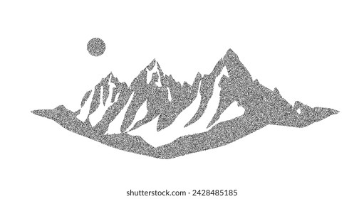 Stippled grunge mountain range. Dotted landscape terrain silhouette. Black and white grainy hill chain. Grain noise mount peaks background. Ridge texture wallpaper. Dot work style vector illustration