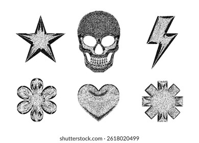 Stippled grunge objects -  star, skull, lightning bolt, flower, heart and abstract geometric shape on a white background.