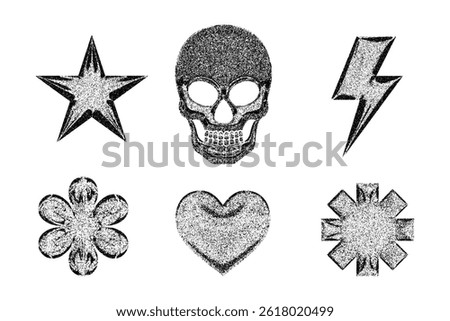 Stippled grunge objects -  star, skull, lightning bolt, flower, heart and abstract geometric shape on a white background.