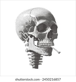 Stippled Human Skull Illustration with Cigarette - Health Hazard Concept Art - Halftone Dotted Effect