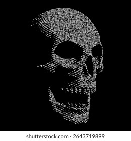 Stippled Human Skull Illustration in Three-Quarter View, White Dots Over Black Background
