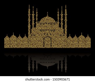 Stippled illustration of a mosque with dome and minaret