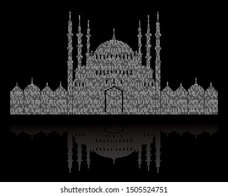 Stippled illustration of a mosque with dome and minaret