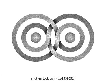 Stippled Infinity symbol made of intertwined bands. Stylized Interference concentric waves. Vector illustration isolated on white background.