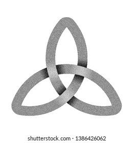 Stippled knot Triquetra. Ancient celtic trinity symbol made of intersected strip. Vector textured illustration isolated on white background.