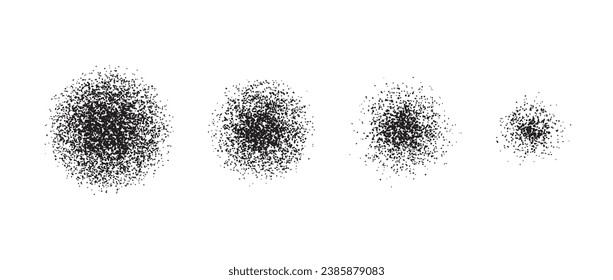 Juego de trazo de pincel radial doblado. Colección de degradado de grano. Textura de rociado de rociado. Polvo sucio o ruido de arena alrededor de los elementos. Paquete vectorial de manchas de manchas rotas salpicadas. Superposición de puntos salpicados