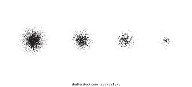 Stippled radial brush stroke set. Grain gradient collection. Grunge sprinkle spray texture. Dirty dust or sand noise round elements. Splattered dotted overlay. Grungy splashed stains spots vector pack