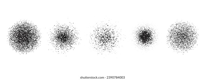 Stippled radial brush stroke set. Grain dotted gradient collection. Grunge sprinkle spray texture. Dirty dust sand noise round elements. Splattered dotted overlay. Grungy splashed stains spots vector