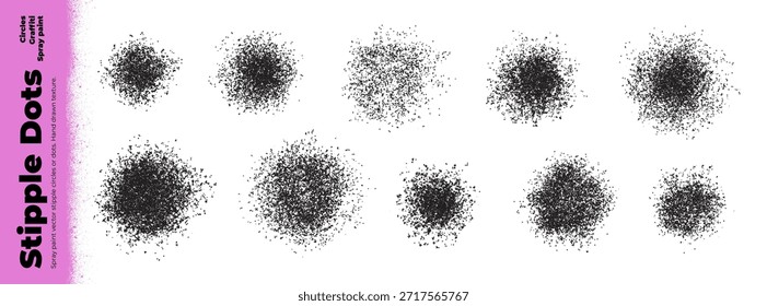 Gestippte radiale Pinselstriche und lösen Sprühfarbe Punkte Sammlung. Stipple Graffiti runden Formen, Staub Pulver Aerosol-Effekt. Kleine Partikel Nuance Effekt. Texturpunkte mit Farbverlauf-Streuung.