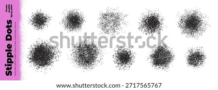 Stippled radial brush strokes and dissolve spray paint dots collection. Stipple graffiti round shapes, dust powder aerosol effect. Small particles shade effect. Gradient scatter texture dots.