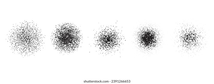 Stippled radial brush strokes. Grain dotted gradient collection. Grunge sprinkle spray texture. Dirty dust sand noise round elements. Splattered dotted overlay set. Grungy splashed stains spots vector