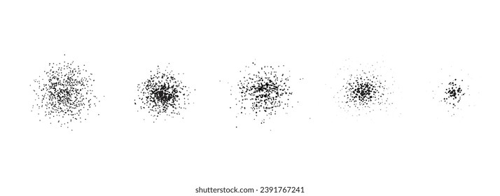 Stippled radial brush strokes. Grain dotted gradient collection. Grunge sprinkle spray texture. Dirty dust sand noise round element set. Splattered dotted overlays. Black splashed stains spots vector