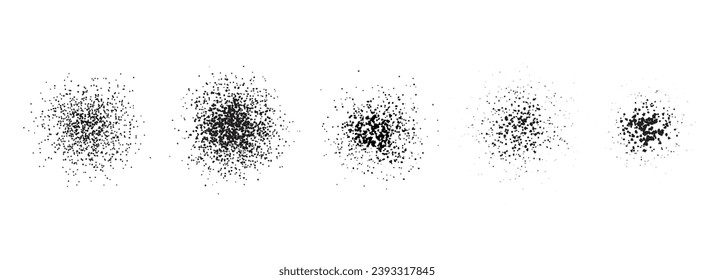 Stippled radial brush strokes. Grain dotted gradient collection. Grunge sprinkle spray texture. Dirty dust sand noise round elements. Splattered dotted overlay set. Black splashed stains spots vector
