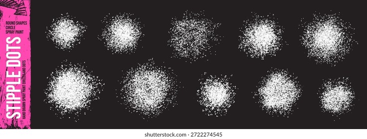 Formas de pintura en aerosol blanco radial punteado sobre fondo negro. Efecto de polvo granulado dibujado a mano. Azúcar blanca en polvo. Los puntos granulados disuelven los puntos de pulverización. Partículas circulares difusas con efecto aerosol.