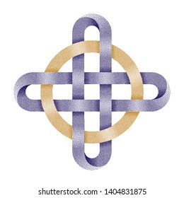 Stippled ringed cross. Celtic knot with circle symbol made of intersected strips. . Vector textured illustration isolated on white background.