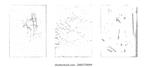 Stippled rough grunge collection. Aged pixelated texture paper overlay set. Dotted scratched crumpled background. Dirt grainy distressed backdrop for poster, vinyl cover, frame, banner. Vector pack