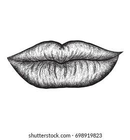 Stippled sexy lips hand drawn tattoo style isolated at white background