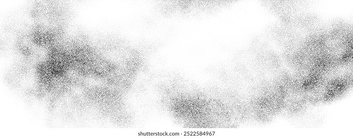 Stippled smoke cloud gradient texture. Grunge fluid sand grain background. Gritty noise wavy fog dot work wallpaper. Black and white dots, speckles, particles or granules backdrop overlay. Vector