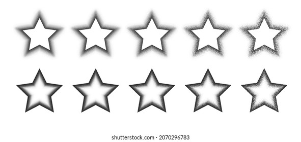 Stippled Star Shapes Spray Effect Hand Drawn Dotwork Vector Abstract Shapes Set In Different Variations Isolated On White Background. Various Degree Black Noise Dotted Stars Design Elements Collection