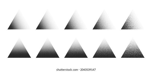 Stippled Triangle Hand Drawn Dotwork Vector Abstract Shapes Set In Different Variations Isolated On White Background. Various Degree Black Noise Stipple Dots Triangular Design Elements Collection