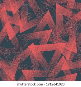 Stippled Triangles Vector Texture Trendy Seamless Pattern Retro Abstract Background. Handmade Tileable Geometric Dotted Grunge Repetitive Red Blue Wallpaper. Bizarre Art Illustration