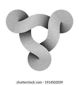 Stippled triquetra knot sign made of three combined disks. Textured modern stylization of ram head symbol. Vector illustration isolated on white background.