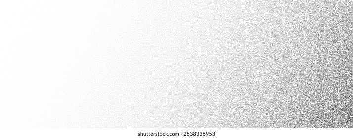 Stippled vanishing gradient texture. Fading corner grain dotted background. Grunge sprayed noise surface. Black vanishing dots, speckles, particles, specks, dust. Vector halftone grit sand overlay