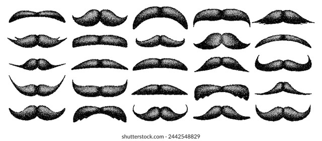 Stippled vintage mustache. Curly facial hair. Hipster beard. Stippling, dot drawing and shading, stipple pattern, halftone effect. Vector illustration