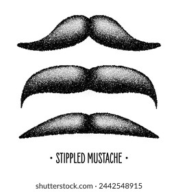 Stippled vintage mustache. Curly facial hair. Hipster beard. Stippling, dot drawing and shading, stipple pattern, halftone effect. Vector illustration