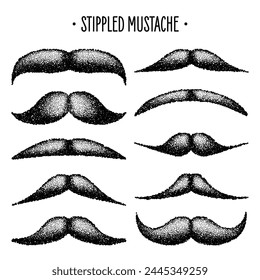 Stippled vintage mustache. Curly facial hair. Hipster beard. Stippling, dot drawing and shading, stipple pattern, halftone effect. Vector illustration