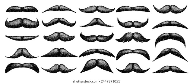 Stippled vintage mustache. Curly facial hair. Hipster beard. Stippling, dot drawing and shading, stipple pattern, halftone effect. Vector illustration