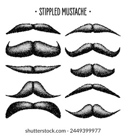 Stippled vintage mustache. Curly facial hair. Hipster beard. Stippling, dot drawing and shading, stipple pattern, halftone effect. Vector illustration